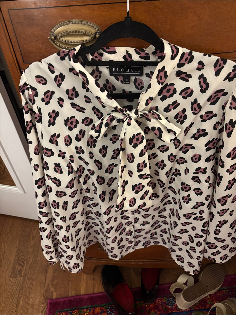 Eloquii Cream Tie-Neck Blouse with Pink and Black Leopard Print